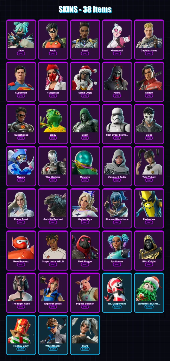 [PC/XBOX/PSN] | Jade | Robin | Shuri | Gwenpool | Captain Jones | 38 skin | 93 pickaxe | 50 emote | 58 glider | Lv1055