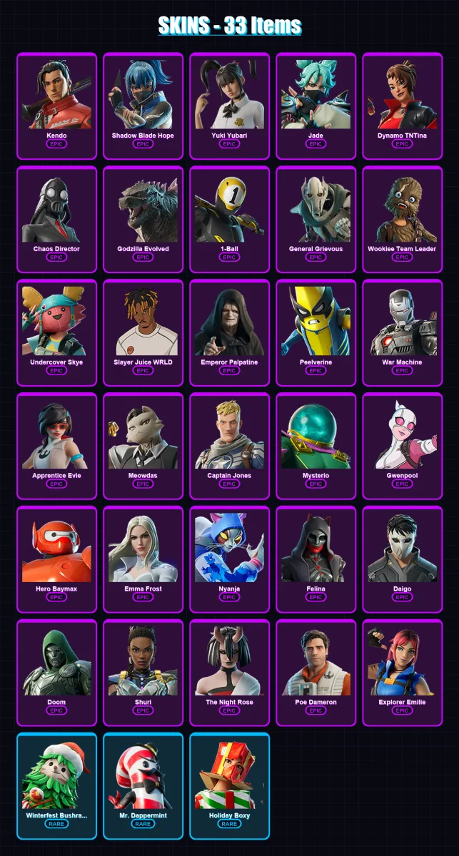 [PS4/PS5/XBOX/PC] | Kendo | Shadow Blade Hope | Yuki Yubari | Jade | Dynamo TNTina | 33 skin | 80 pickaxe | 43 emote | 55 glider | Lv731