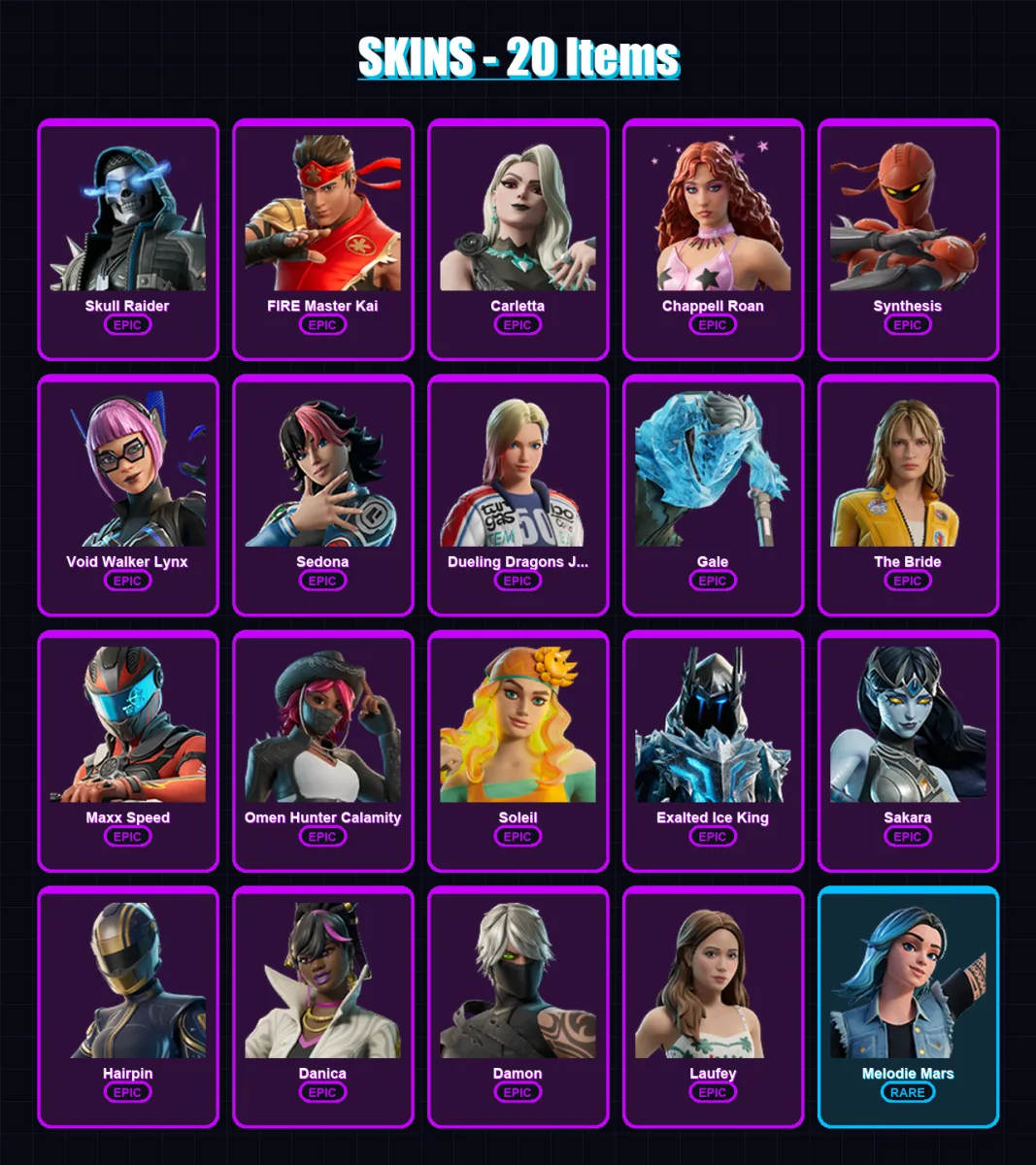 [PC/PSN] | Skull Raider | FIRE Master Kai | Carletta | Chappell Roan | Synthesis | 20 skin | 12 pickaxe | 4 emote | 10 glider | Lv39