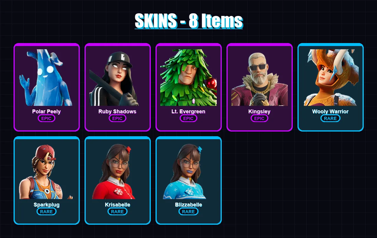 [PC] | Polar Peely | Ruby Shadows | Lt. Evergreen | Kingsley | Wooly Warrior | 8 skin | 25 pickaxe | 16 emote | 23 glider | Lv283