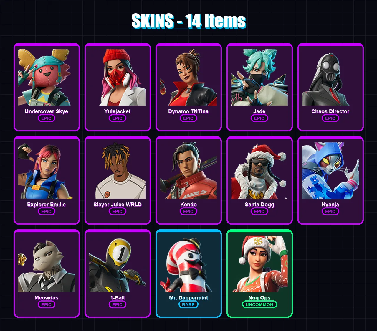 [PC/XBOX/PSN] | Undercover Skye | Yulejacket | Dynamo TNTina | Jade | Chaos Director | 14 skin | 20 pickaxe | 13 emote | 15 glider | Lv109