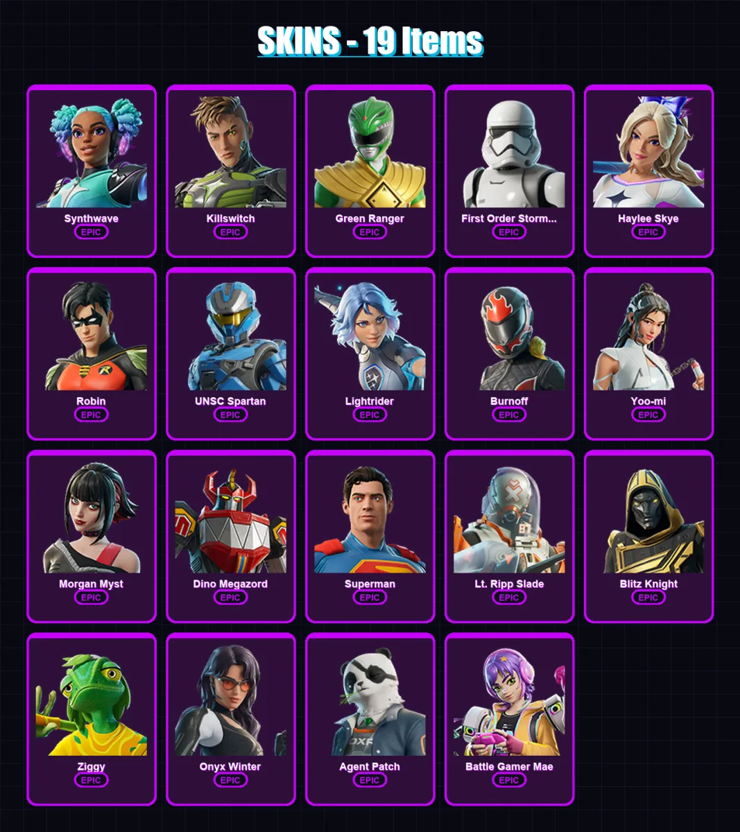 [PC/XBOX/PSN] | Synthwave | Killswitch | Green Ranger | First Order Stormtrooper | Haylee Skye | 19 skin | 55 pickaxe | 35 emote | 36 glider | Lv682