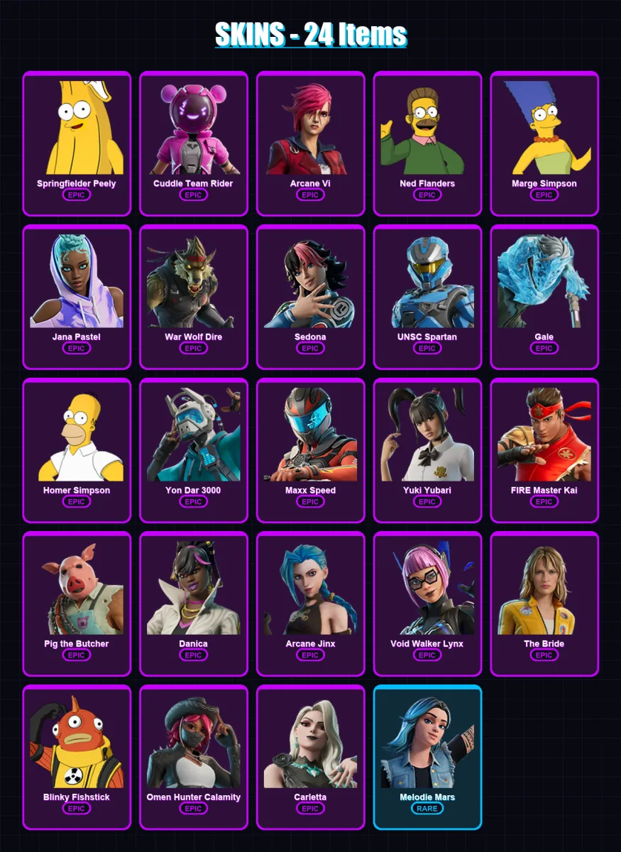 [PC/PSN] | Springfielder Peely | Cuddle Team Rider | Arcane Vi | Ned Flanders | Marge Simpson | 24 skin | 36 pickaxe | 24 emote | 19 glider | Lv248 — Fortnite account