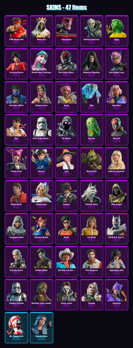 [SWITCH/PC] | FIRE Master Kai | Rebel Oro | Nyangelica | General Grievous | Ziggy | 47 skin | 73 pickaxe | 48 emote | 44 glider | Lv396