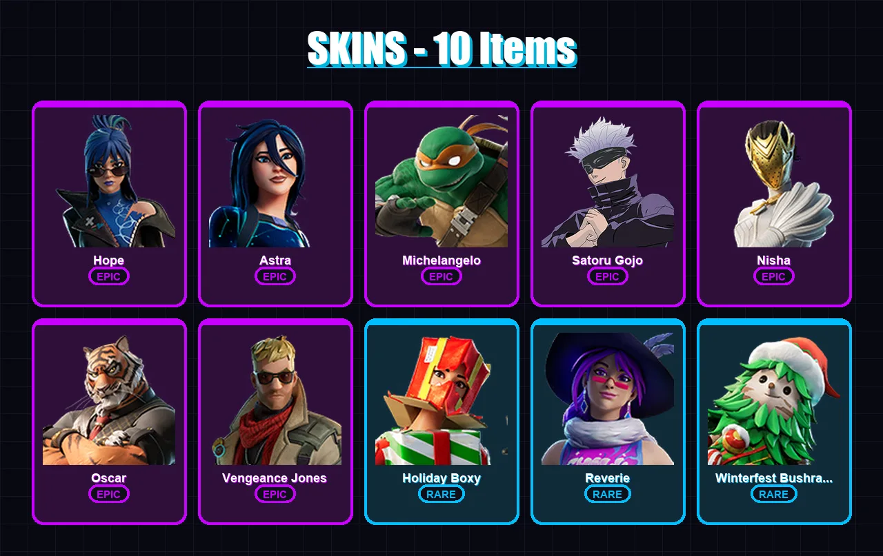 [PC/XBOX/PSN] | Hope | Astra | Michelangelo | Satoru Gojo | Nisha | 10 skin | 18 pickaxe | 8 emote | 14 glider | Lv198