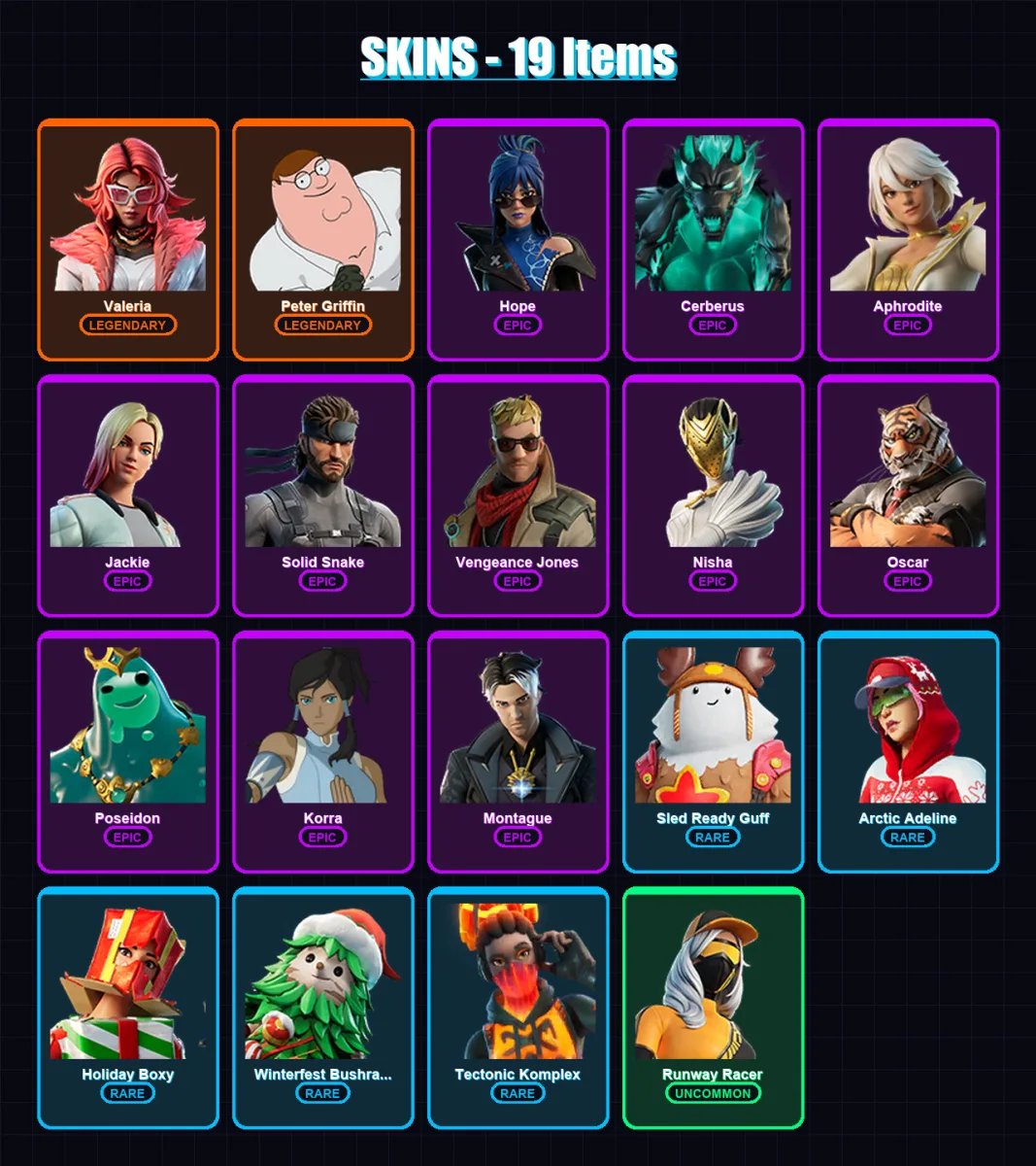 [PC/XBOX/PSN] | Valeria | Peter Griffin | Hope | Cerberus | Aphrodite | 19 skin | 30 pickaxe | 24 emote | 28 glider | Lv467