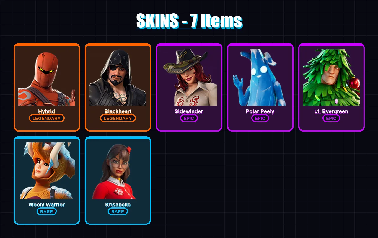 [SWITCH/XBOX/PSN/PC] | Hybrid | Blackheart | Sidewinder | Polar Peely | Lt. Evergreen | 7 skin | 16 pickaxe | 25 emote | 20 glider | Lv374