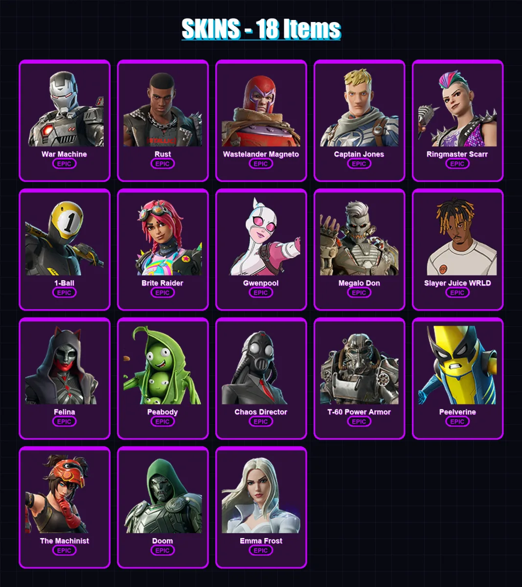 [PC/PSN] | War Machine | Rust | Wastelander Magneto | Captain Jones | Ringmaster Scarr | 18 skin | 44 pickaxe | 26 emote | 32 glider | Lv364