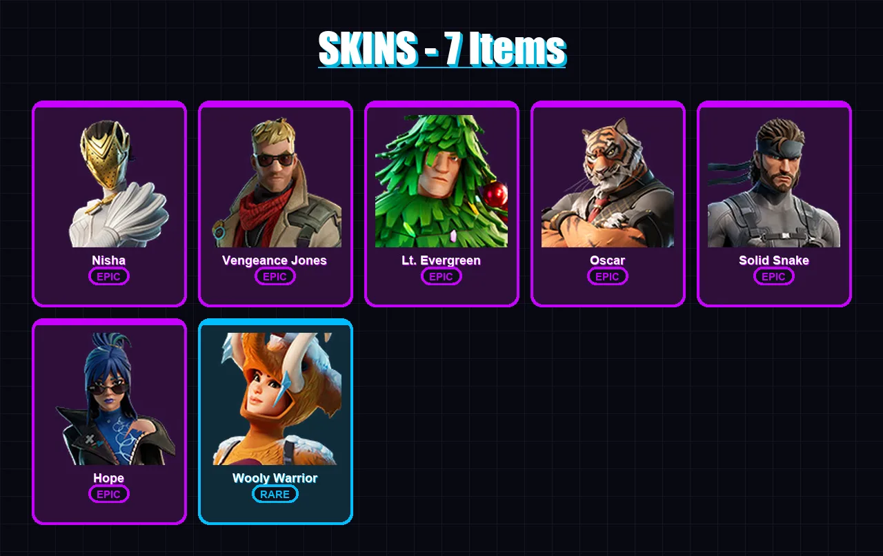 [PC/XBOX/PSN] | Nisha | Vengeance Jones | Lt. Evergreen | Oscar | Solid Snake | 7 skin | 13 pickaxe | 11 emote | 13 glider | Lv167