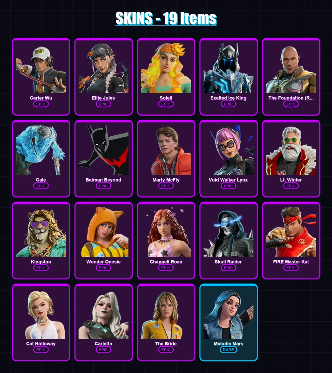 [PC/PSN] | Carter Wu | Elite Jules | Soleil | Exalted Ice King | The Foundation (Reforged) | 19 skin | 25 pickaxe | 15 emote | 15 glider | Lv69