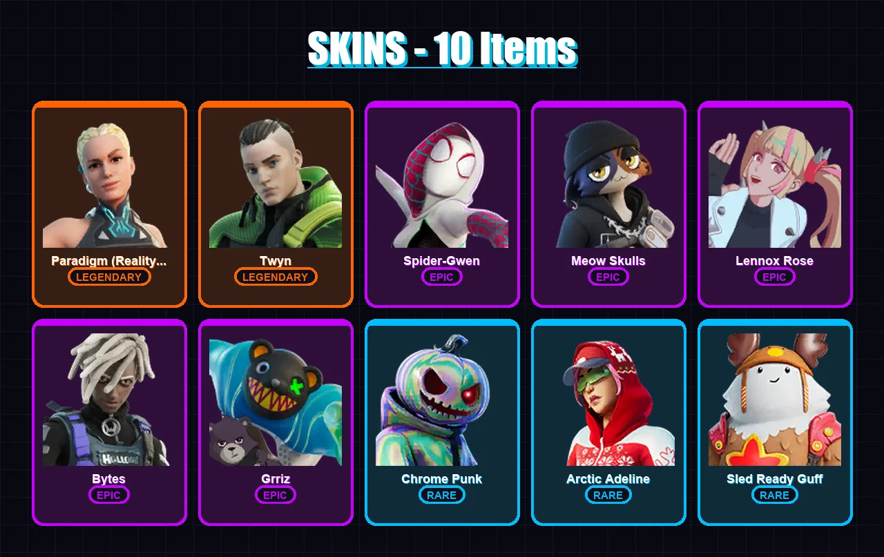 [PS4/PS5/XBOX/PC] | Paradigm (Reality-659) | Twyn | Spider-Gwen | Meow Skulls | Lennox Rose | 10 skin | 11 pickaxe | 10 emote | 13 glider | Lv130