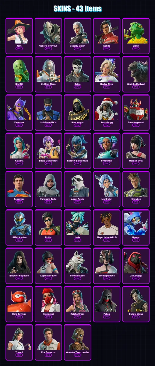 [PS4/PS5/XBOX/PC] | Joss | General Grievous | Cassidy Quinn | Kendo | Ziggy | 43 skin | 77 pickaxe | 46 emote | 53 glider | Lv939