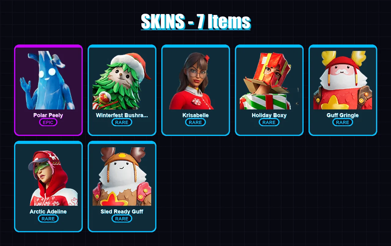 [PC/XBOX/PSN] | Polar Peely | Winterfest Bushranger | Krisabelle | Holiday Boxy | Guff Gringle | 7 skin | 15 pickaxe | 17 emote | 21 glider | Lv296
