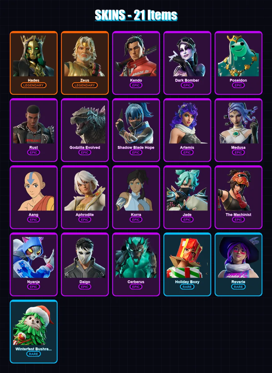 [PC/XBOX/PSN] | Hades | Zeus | Kendo | Dark Bomber | Poseidon | 21 skin | 36 pickaxe | 29 emote | 32 glider | Lv390
