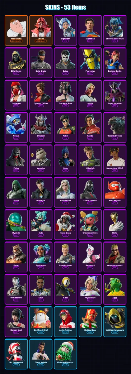 [PS4/PS5/PC] | Peter Griffin | Valeria | Lightrider | Superman | Shadow Blade Hope | 53 skin | 99 pickaxe | 66 emote | 74 glider | Lv1524