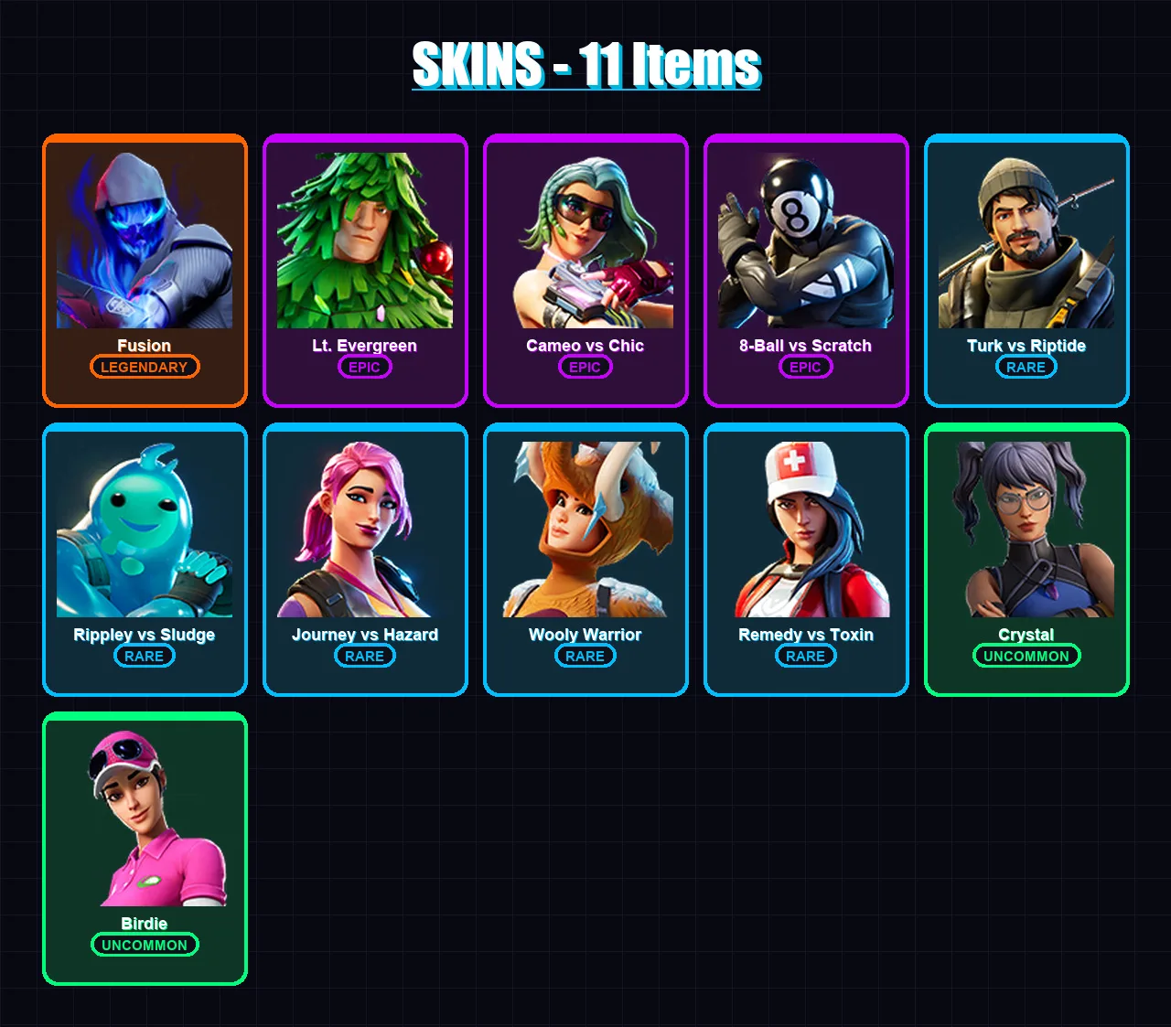 [PC/XBOX/PSN] | Fusion | Lt. Evergreen | Cameo vs Chic | 8-Ball vs Scratch | Turk vs Riptide | 11 skin | 17 pickaxe | 25 emote | 17 glider | Lv407