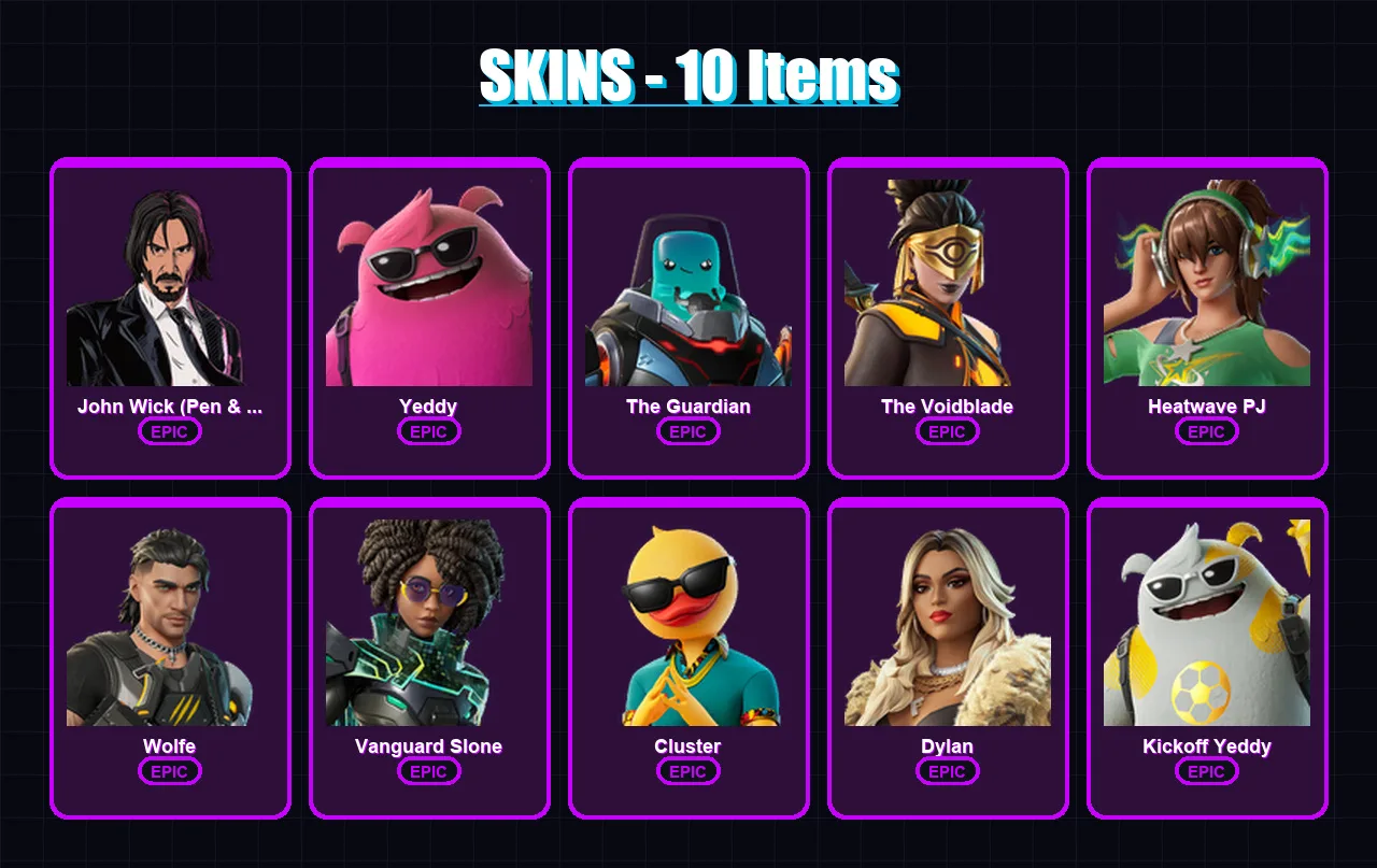 [PC/XBOX] | John Wick (Pen & Ink) | Yeddy | The Guardian | The Voidblade | Heatwave PJ | 10 skin | 21 pickaxe | 15 emote | 13 glider | Lv150