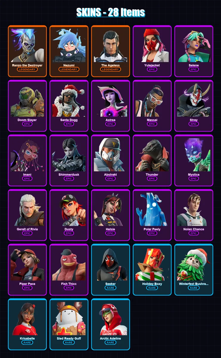 [PC/XBOX] | Renzo the Destroyer | Nezumi | The Ageless | Yulejacket | Selene | 28 skin | 47 pickaxe | 34 emote | 43 glider | Lv590 — Fortnite account