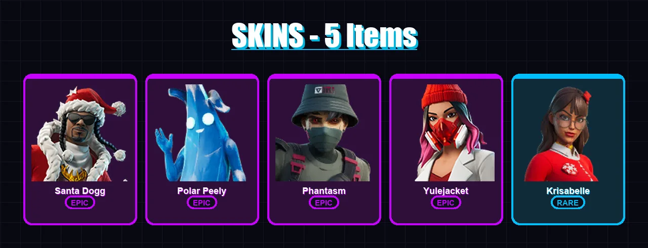 [PC/PSN] | Santa Dogg | Polar Peely | Phantasm | Yulejacket | Krisabelle | 5 skin | 19 pickaxe | 12 emote | 12 glider | Lv147