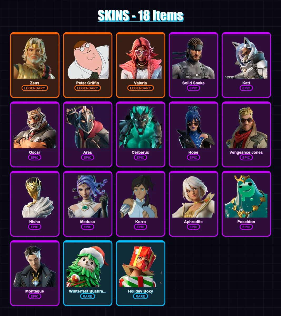 [PC/XBOX/PSN] | Zeus | Peter Griffin | Valeria | Solid Snake | Katt | 18 skin | 23 pickaxe | 31 emote | 19 glider | Lv267