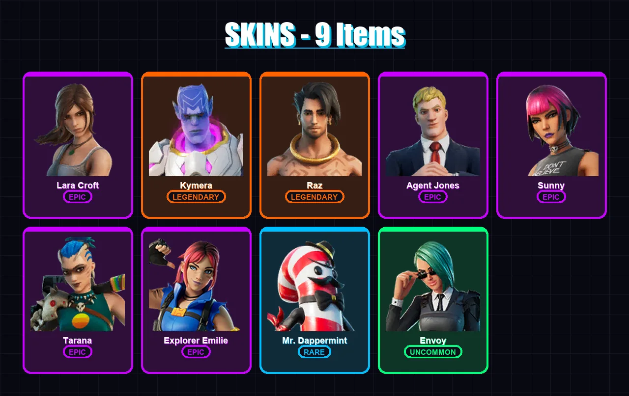 [SWITCH/XBOX/PSN/PC] | Lara Croft | Kymera | Raz | Agent Jones | Sunny | 9 skin | 7 pickaxe | 12 emote | 9 glider | Lv101