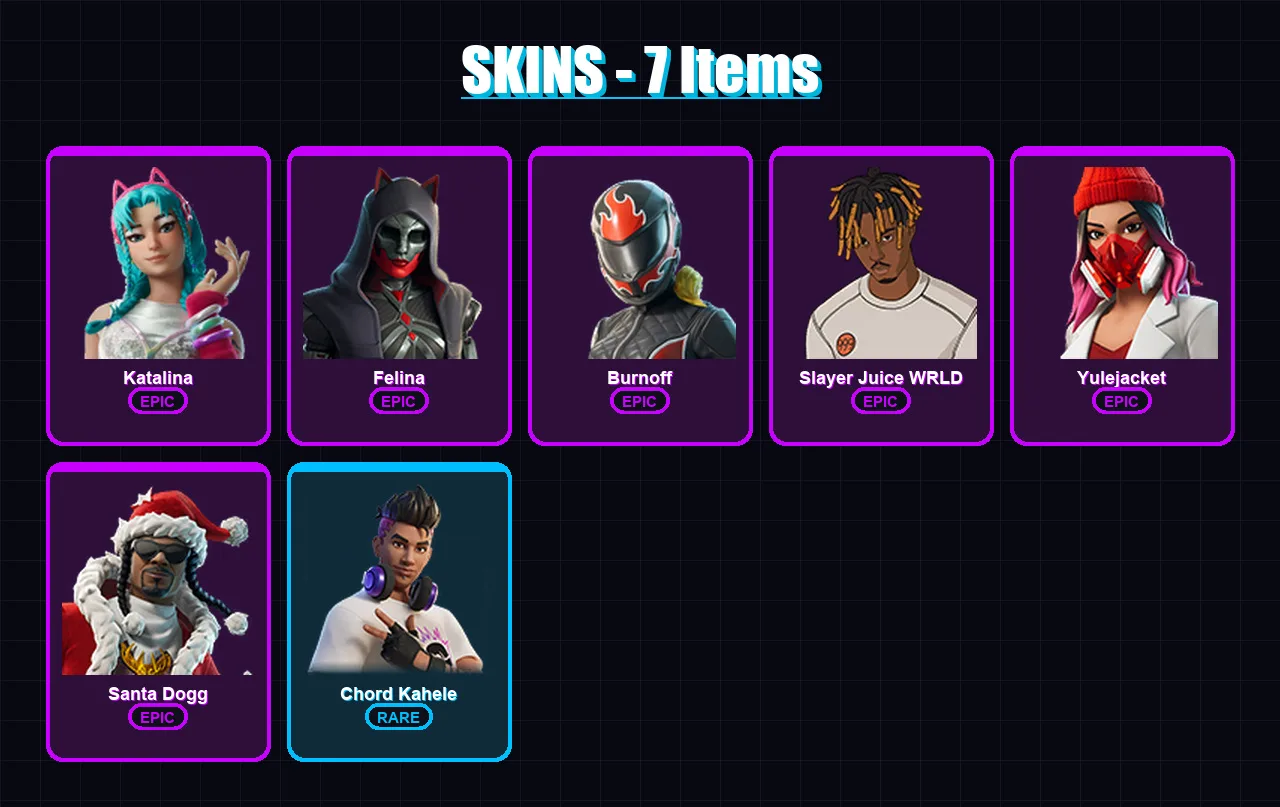 [PC/XBOX/PSN] | Katalina | Felina | Burnoff | Slayer Juice WRLD | Yulejacket | 7 skin | 37 pickaxe | 16 emote | 23 glider | Lv643