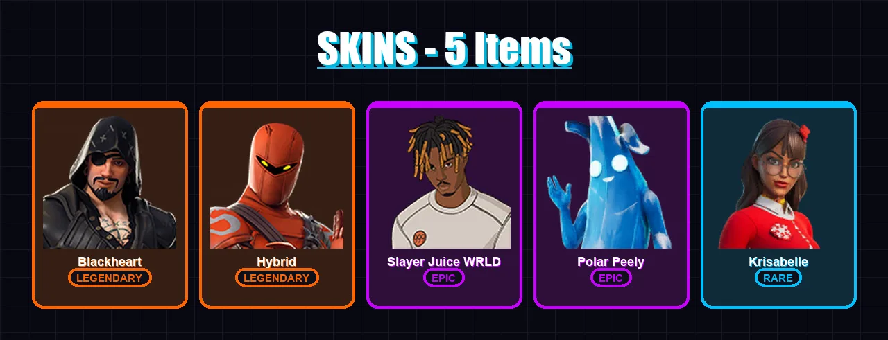 [PC/XBOX] | Blackheart | Hybrid | Slayer Juice WRLD | Polar Peely | Krisabelle | 5 skin | 21 pickaxe | 16 emote | 10 glider | Lv244