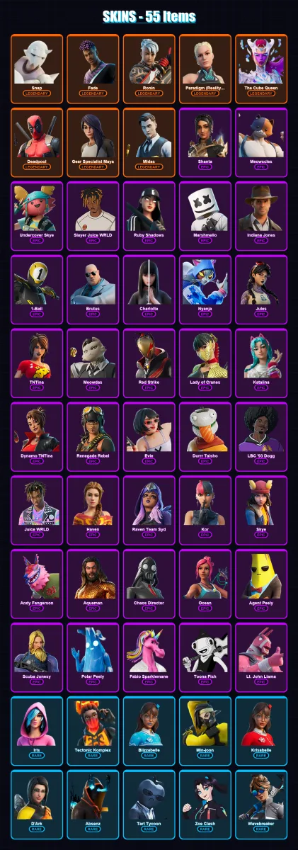[PC/XBOX/PSN] | Snap | Fade | Ronin | Paradigm (Reality-659) | The Cube Queen | 55 skin | 68 pickaxe | 43 emote | 49 glider | Lv677