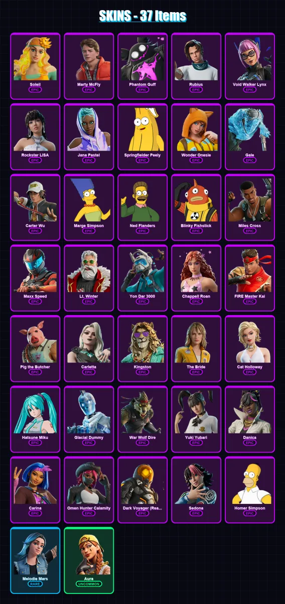 [PS4/PS5/XBOX/PC] | Soleil | Marty McFly | Phantom Guff | Rubius | Void Walker Lynx | 37 skin | 52 pickaxe | 32 emote | 30 glider | Lv306