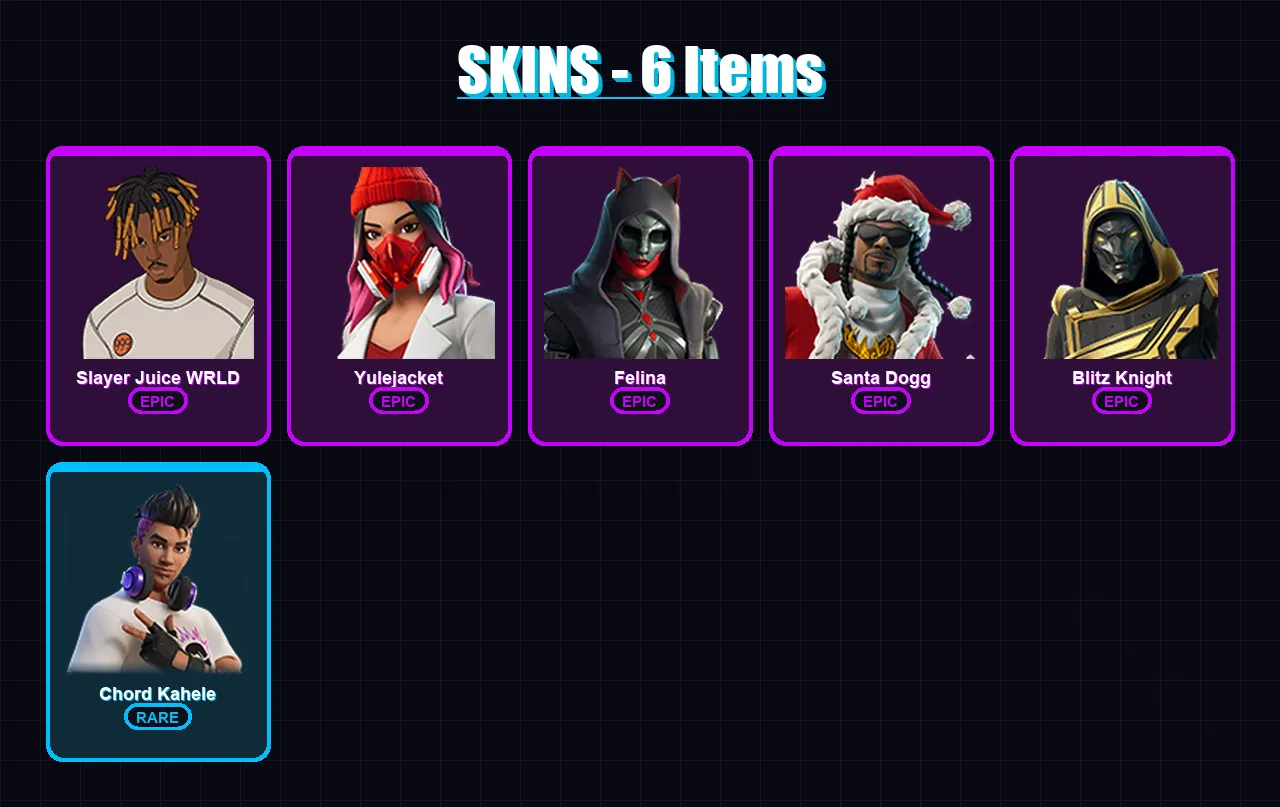 [PS4/PS5/XBOX/PC] | Slayer Juice WRLD | Yulejacket | Felina | Santa Dogg | Blitz Knight | 6 skin | 40 pickaxe | 12 emote | 22 glider | Lv264