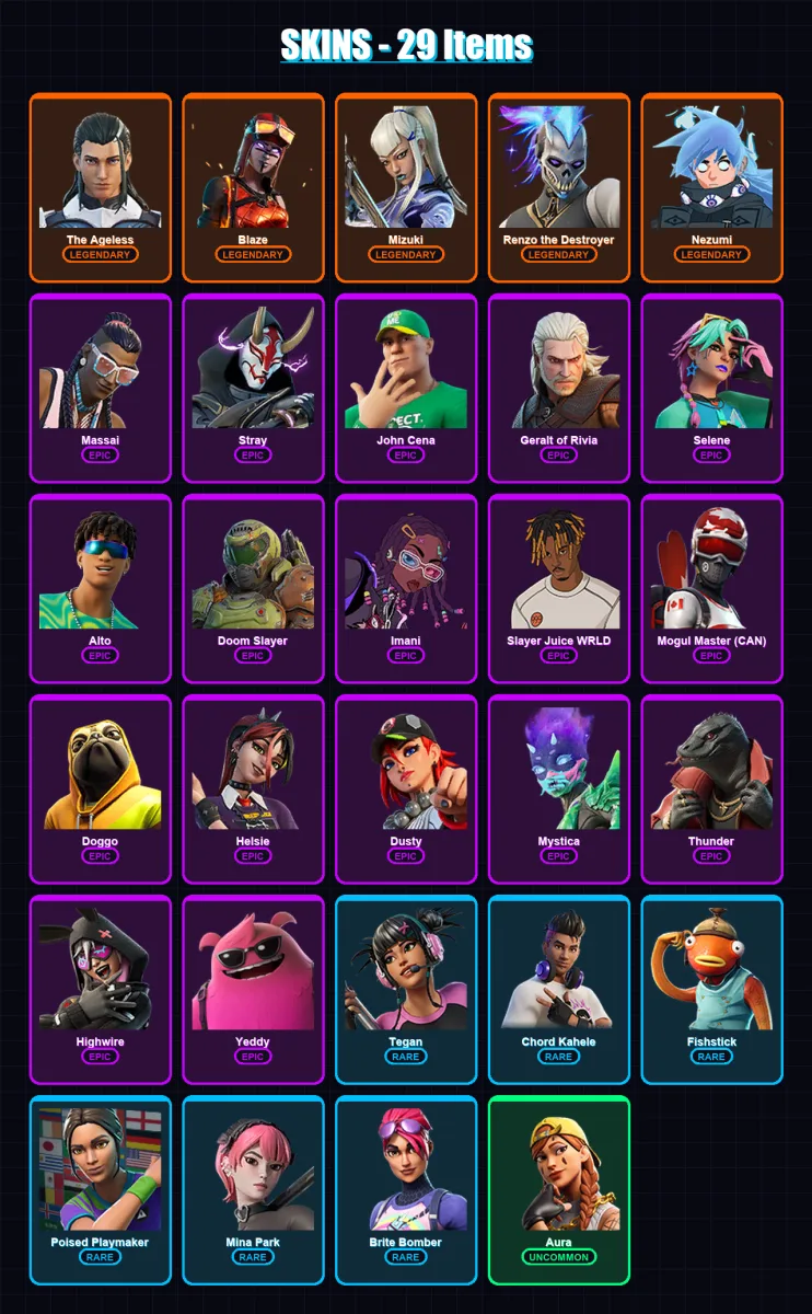 [PC/XBOX/PSN] | The Ageless | Blaze | Mizuki | Renzo the Destroyer | Nezumi | 29 skin | 65 pickaxe | 44 emote | 51 glider | Lv628