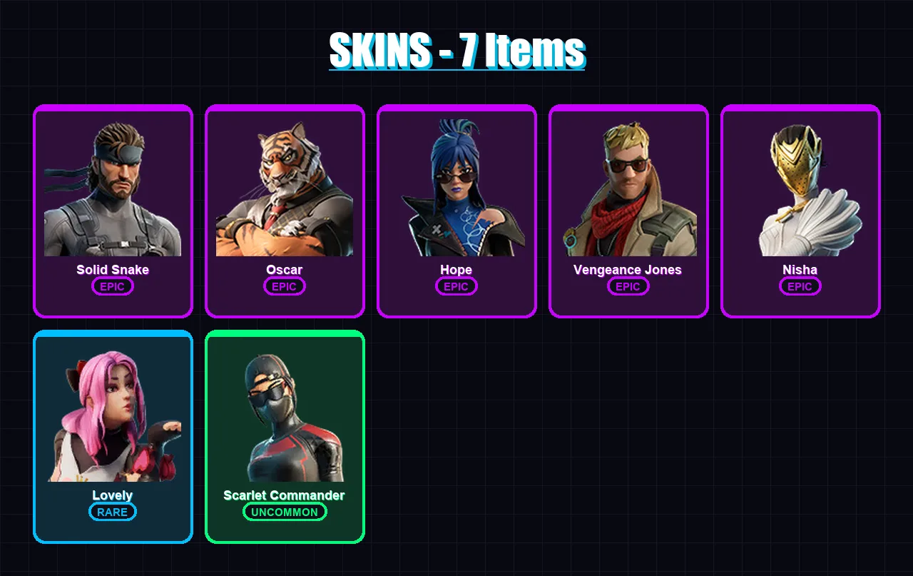 [PC/PSN] | Solid Snake | Oscar | Hope | Vengeance Jones | Nisha | 7 skin | 11 pickaxe | 17 emote | 10 glider | Lv102