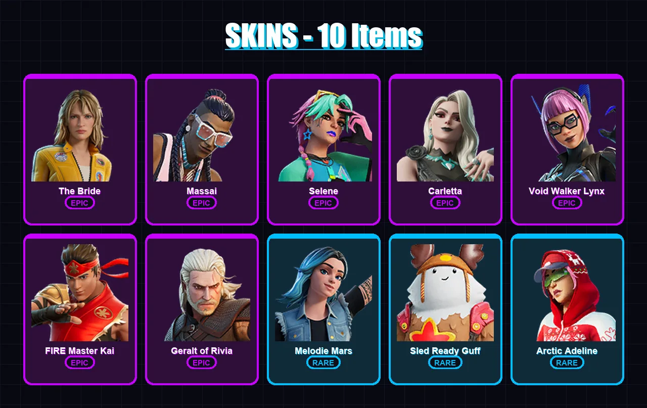 [PC/XBOX/PSN] | The Bride | Massai | Selene | Carletta | Void Walker Lynx | 10 skin | 19 pickaxe | 6 emote | 15 glider | Lv75