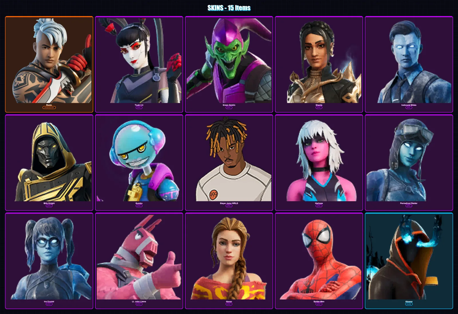 [SWITCH/XBOX/PSN/PC] | Ronin | Tsuki 2.0 | Green Goblin | Shanta | Icebound Midas | 15 skin | 30 pickaxe | 20 emote | 26 glider | Lv296