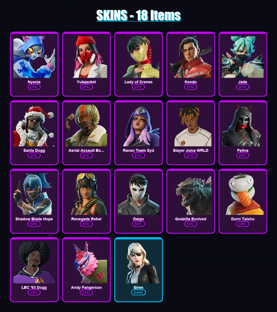 [PC/XBOX/PSN] | Nyanja | Yulejacket | Lady of Cranes | Kendo | Jade | 18 skin | 40 pickaxe | 17 emote | 20 glider | Lv251 — Fortnite account