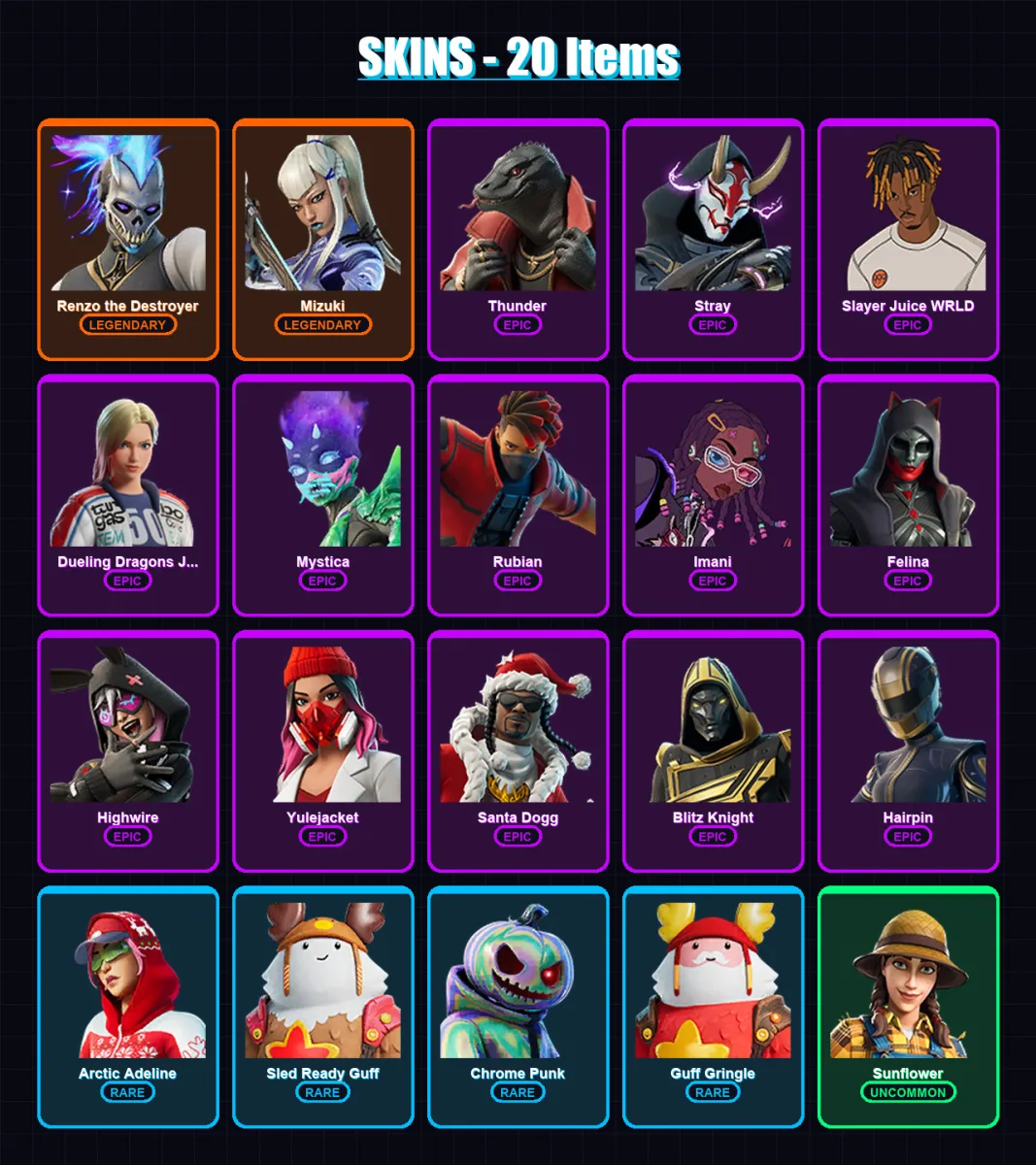 [PC/XBOX/PSN] | Renzo the Destroyer | Mizuki | Thunder | Stray | Slayer Juice WRLD | 20 skin | 66 pickaxe | 28 emote | 47 glider | Lv923