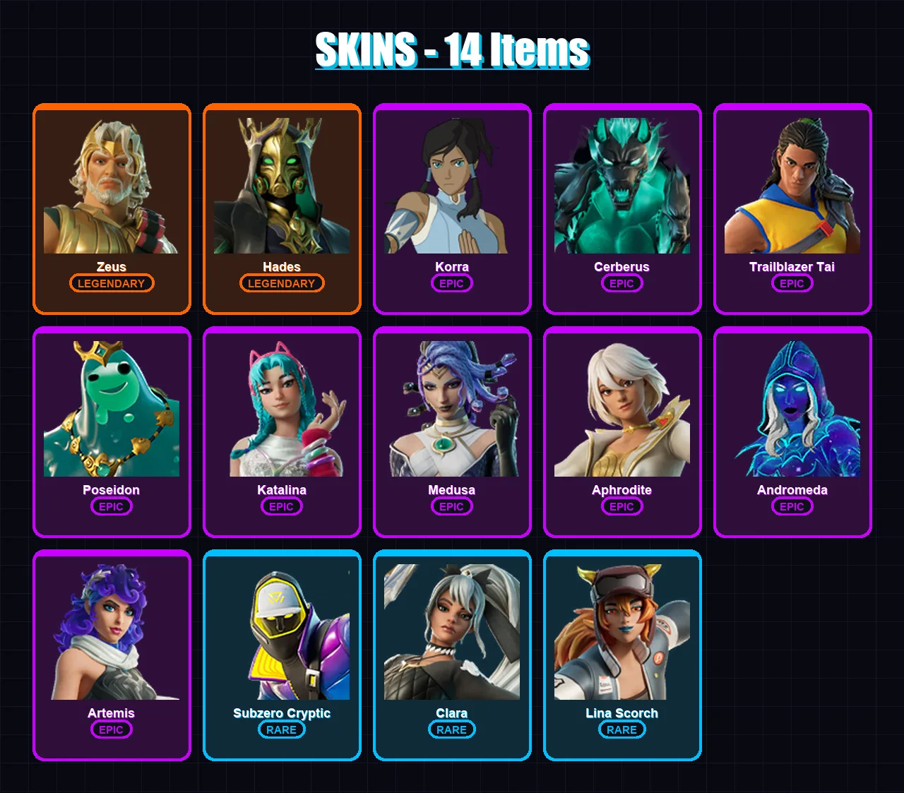[PC/XBOX] | Zeus | Hades | Korra | Cerberus | Trailblazer Tai | 14 skin | 31 pickaxe | 22 emote | 29 glider | Lv512