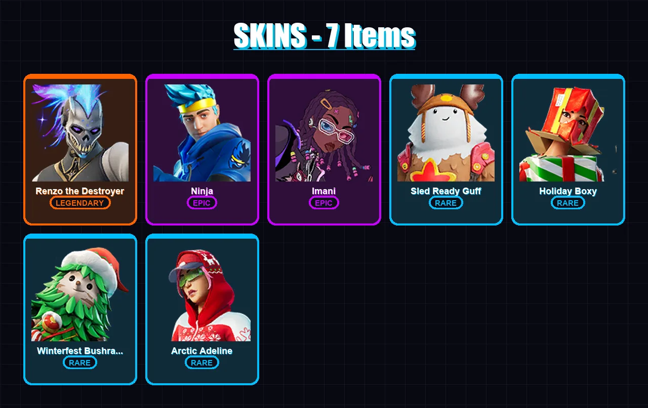 [PC/XBOX/PSN] | Renzo the Destroyer | Ninja | Imani | Sled Ready Guff | Holiday Boxy | 7 skin | 10 pickaxe | 7 emote | 17 glider | Lv153