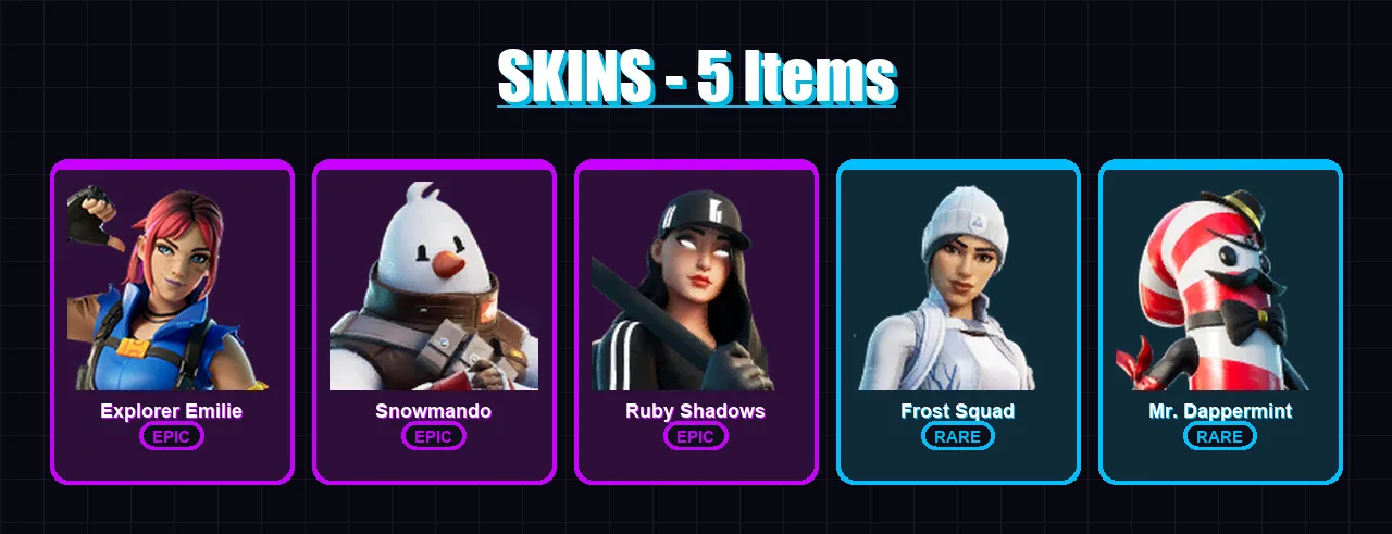 [PC/XBOX/PSN] | Explorer Emilie | Snowmando | Ruby Shadows | Frost Squad | Mr. Dappermint | 5 skin | 6 pickaxe | 6 emote | 7 glider | Lv62