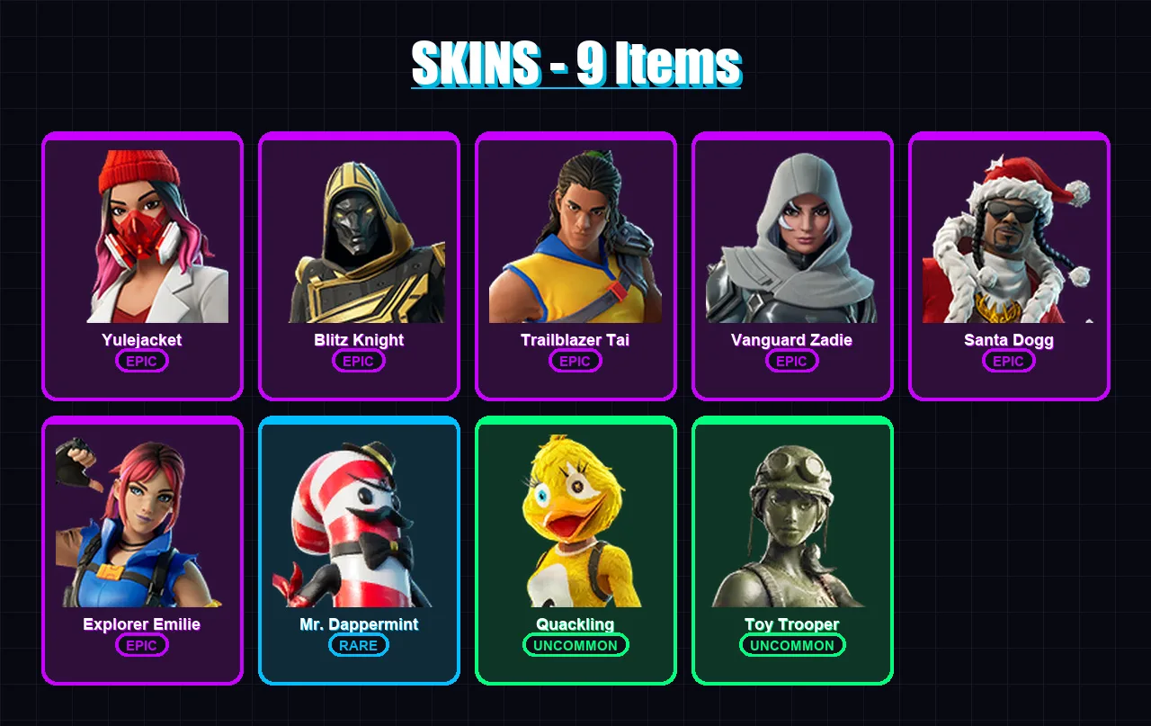 [PS4/PS5/XBOX/PC] | Yulejacket | Blitz Knight | Trailblazer Tai | Vanguard Zadie | Santa Dogg | 9 skin | 46 pickaxe | 16 emote | 34 glider | Lv1031