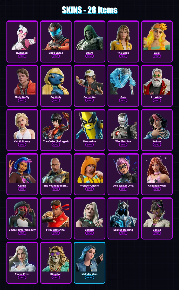 [PC/PSN] | Gwenpool | Maxx Speed | Doom | The Bride | Soleil | 28 skin | 63 pickaxe | 36 emote | 44 glider | Lv708