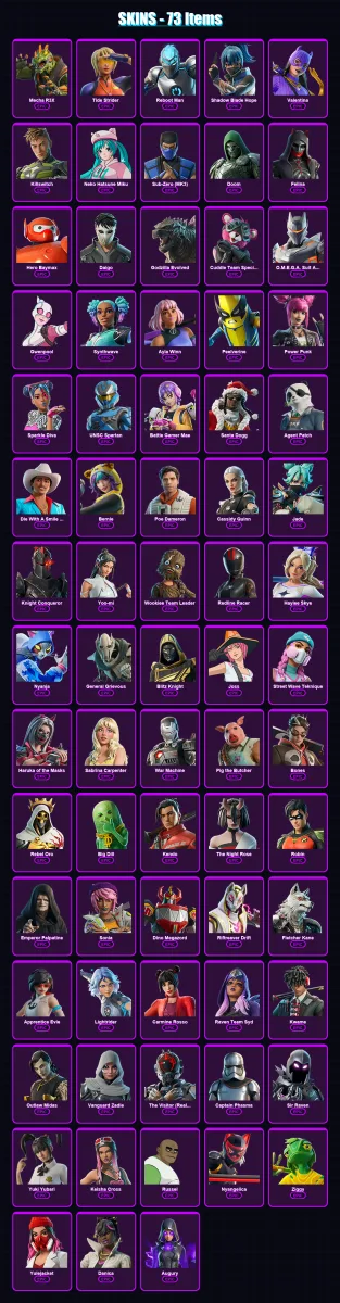 [PC/PSN] | Mecha R3X | Tide Strider | Reboot Man | Shadow Blade Hope | Valentina | 73 skin | 102 pickaxe | 82 emote | 60 glider | Lv541