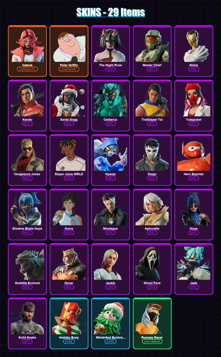 [PC/XBOX/PSN] | Valeria | Peter Griffin | The Night Rose | Master Chief | Nisha | 29 skin | 54 pickaxe | 27 emote | 34 glider | Lv453