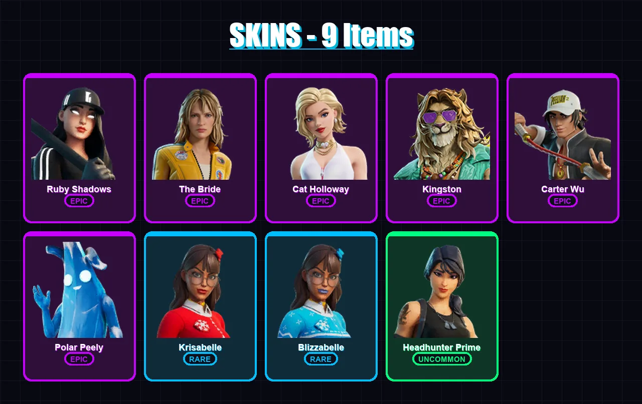 [PC/XBOX] | Ruby Shadows | The Bride | Cat Holloway | Kingston | Carter Wu | 9 skin | 25 pickaxe | 21 emote | 27 glider | Lv320