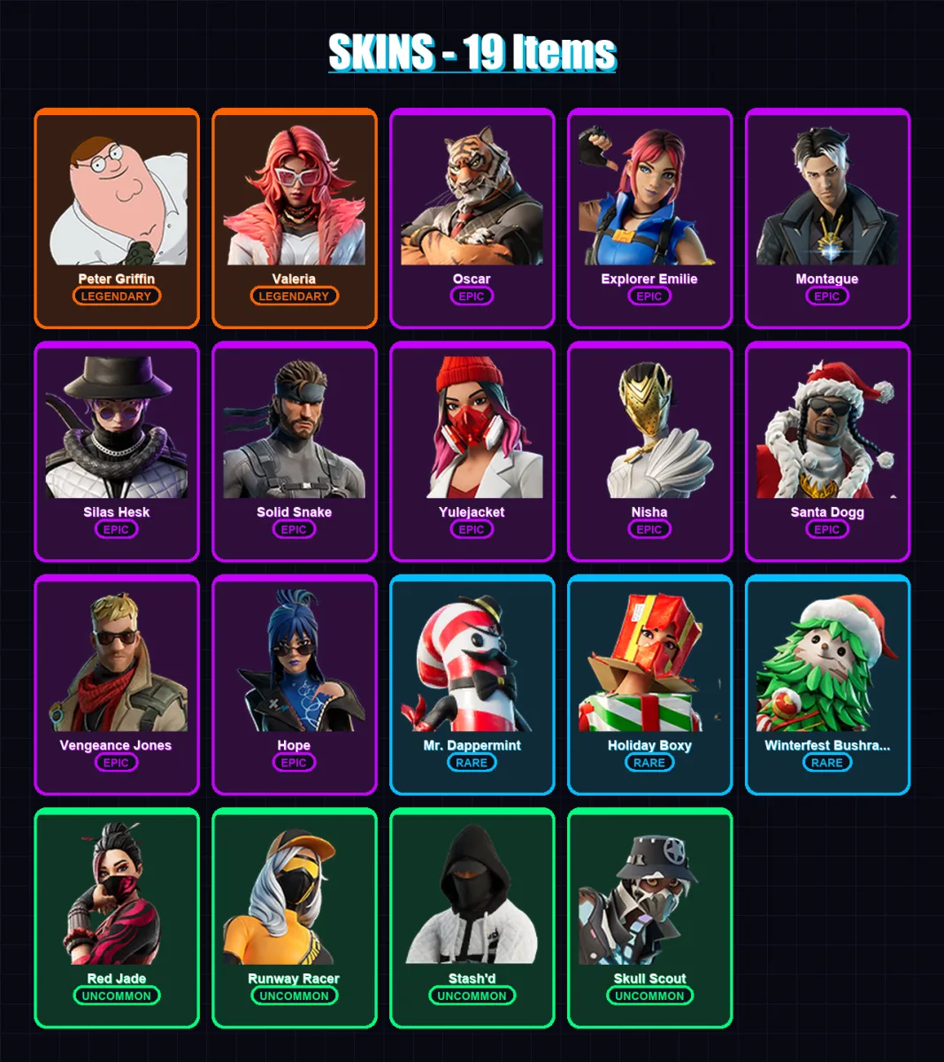 [PC/XBOX] | Peter Griffin | Valeria | Oscar | Explorer Emilie | Montague | 19 skin | 43 pickaxe | 30 emote | 30 glider | Lv468