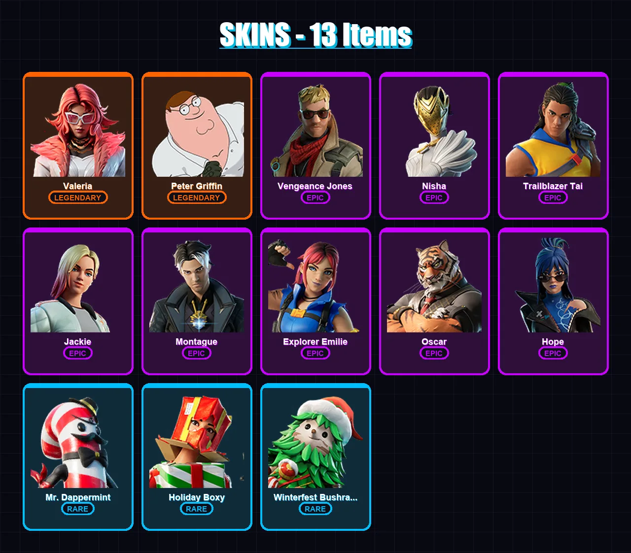 [PC/XBOX] | Valeria | Peter Griffin | Vengeance Jones | Nisha | Trailblazer Tai | 13 skin | 11 pickaxe | 7 emote | 9 glider | Lv147