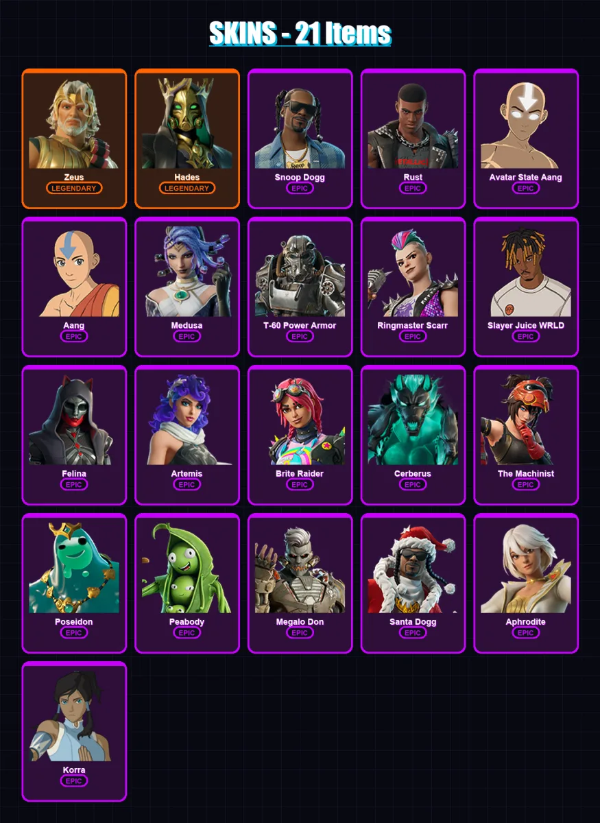 [PC] | Zeus | Hades | Snoop Dogg | Rust | Avatar State Aang | 21 skin | 56 pickaxe | 46 emote | 39 glider | Lv494