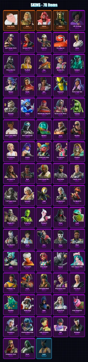 [PC/XBOX/PSN] | Peter Griffin | Zeus | Valeria | Hades | LBC '93 Dogg | 78 skin | 94 pickaxe | 69 emote | 61 glider | Lv818