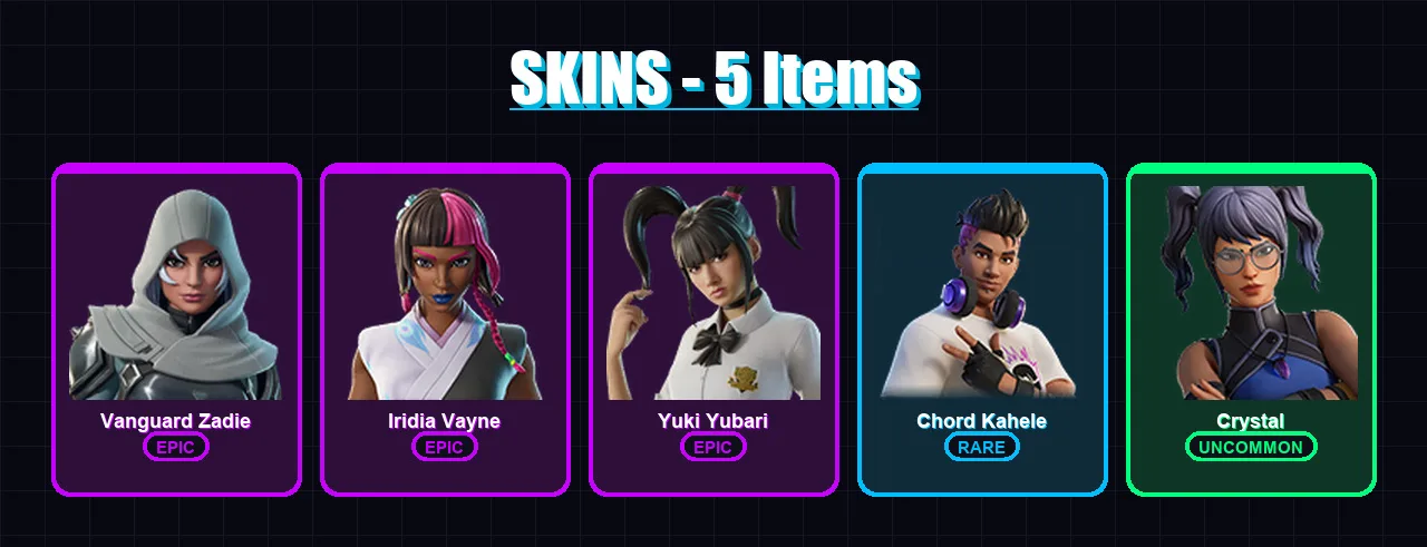 [PC/XBOX/PSN] | Vanguard Zadie | Iridia Vayne | Yuki Yubari | Chord Kahele | Crystal | 5 skin | 34 pickaxe | 15 emote | 22 glider | Lv234