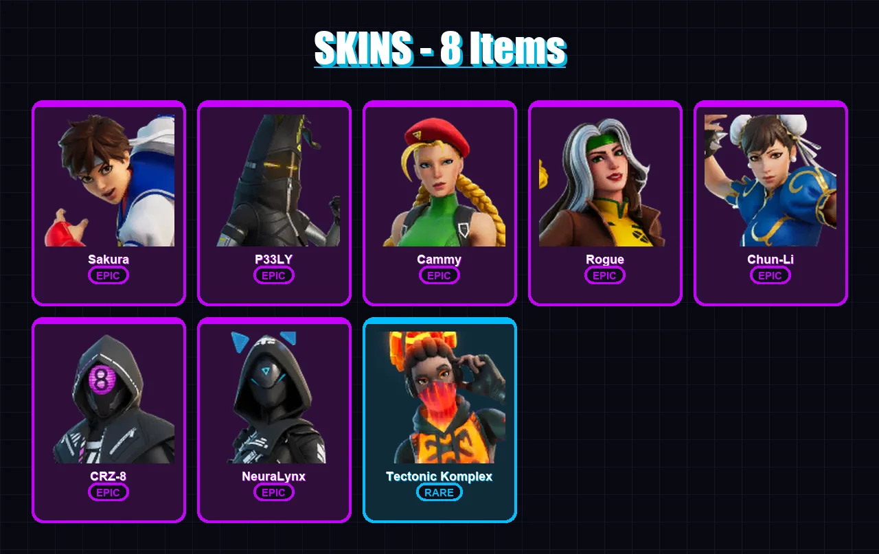 [PC/XBOX/PSN] | Sakura | P33LY | Cammy | Rogue | Chun-Li | 8 skin | 15 pickaxe | 8 emote | 12 glider | Lv203
